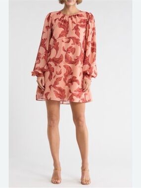Hutch Twiggy Floral Shift Mini Dress M Pink Burgundy Balloon Sleeve